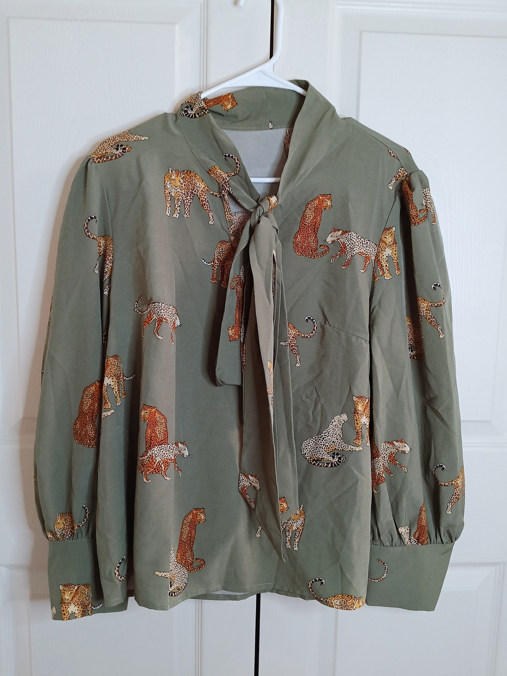 SHEIN Olive Green Leopard Print Tie-Neck Blouse